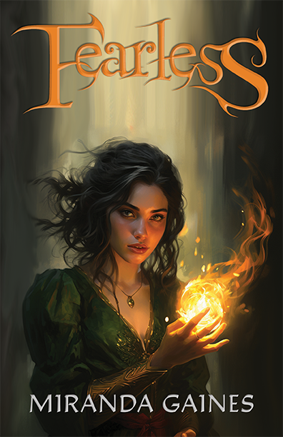 The cover for the book, Fearless. On the cover is a young girl in a green dress holding a ball of flames in her hands as she looks at the view defiantly.
